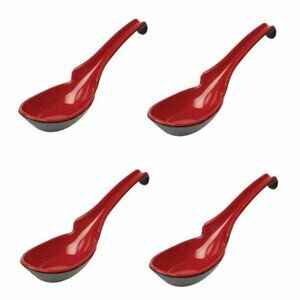 (Red/Black) Set of 4 Chinese Japanese Plastic Wonton Soup Spoons w/Hook